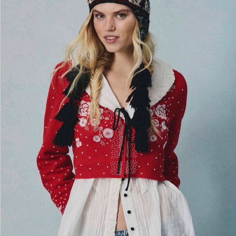 Free people Happy Holidays Cardi Red Floral Embroidered crop Top